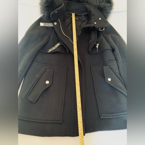 Zara black 75% wool winter jacket coat hood with black fur buckles zipper pocket - Picture 14 of 14